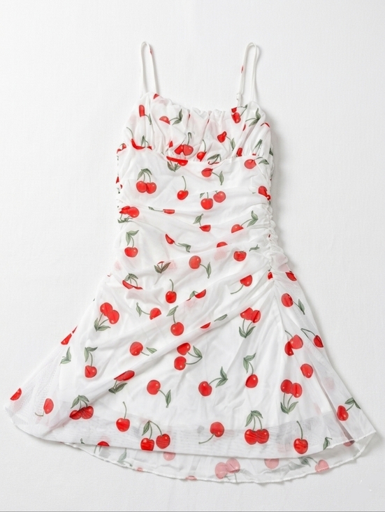 Dresses & Skirts - White Cherry Print Overlay Mini Dress Size Small